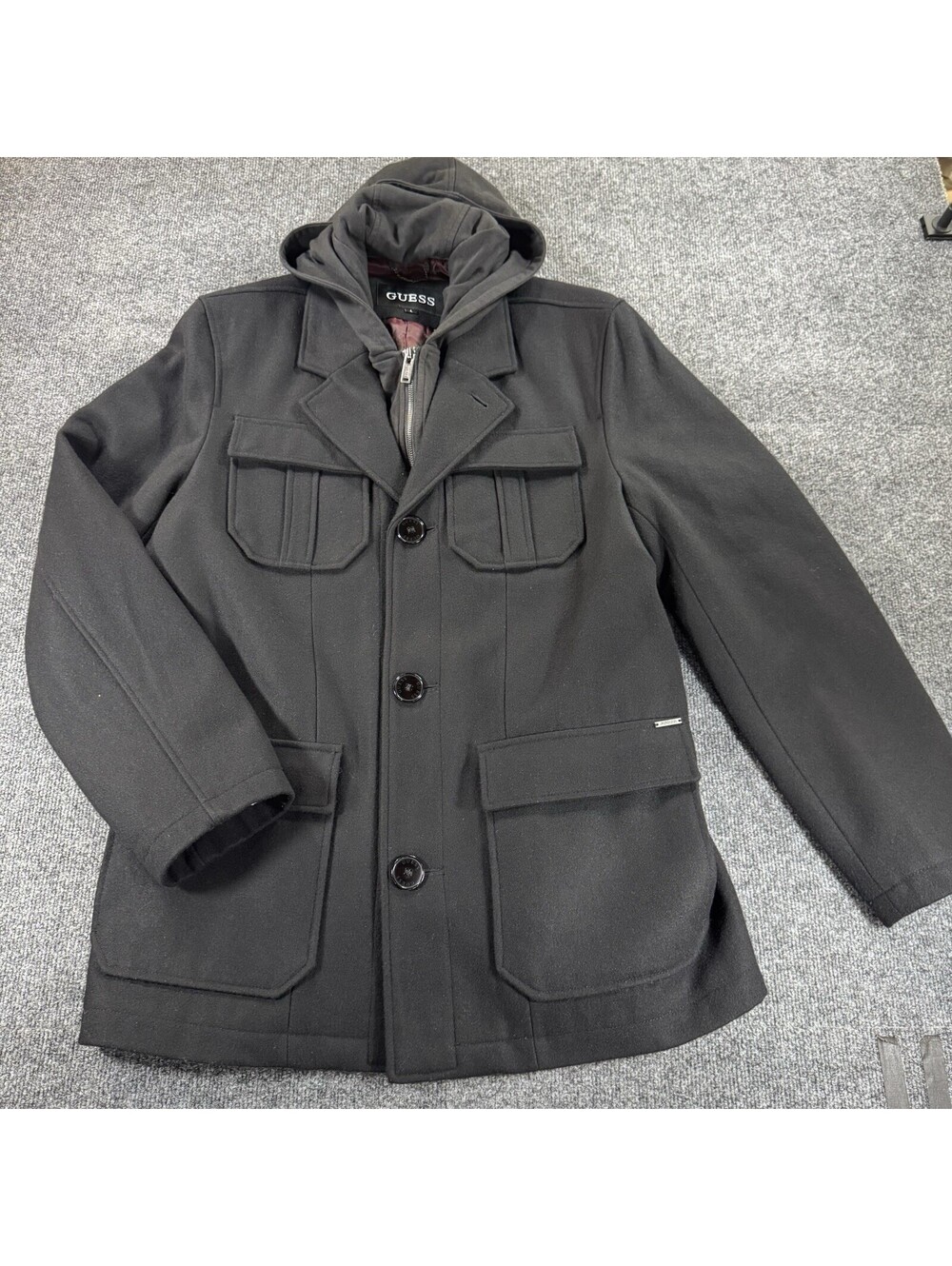 GUESS Men's Black Wool Blend Military Style Cargo Pea Coat with Removable Hood